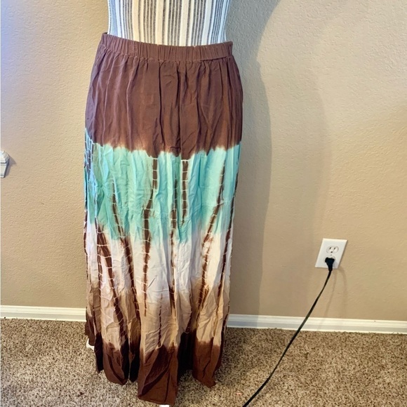 Reba Hobo Skirt Small TieDye Brown Tan Cream Teal Viscose Lined Bohemian - Picture 2 of 13